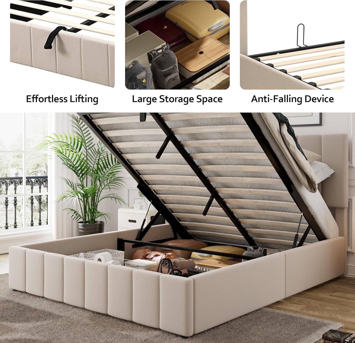 Queen Size Beige Gas Lift Platform Bed With Storage for wholesale on Faire4