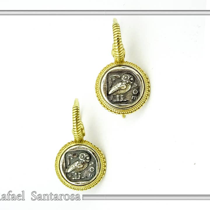 RAFAEL SANTAROSA – wholesale Hängande örhängen – Uggla mynt Tetradrachmon örhängen på sterling silver