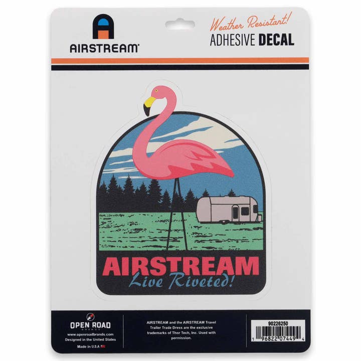 Autocollant adhésif flamant rose de pelouse Airstream Live Riveted pour la vente par Open Road Brands, LLC