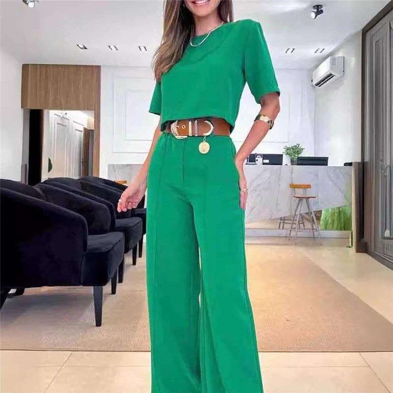 UZ Wholesale Store - Wholesale Top & Pant Set (NOT Loungewear) - Women's - Pure Color Short Sleeve Suit Pants Set2