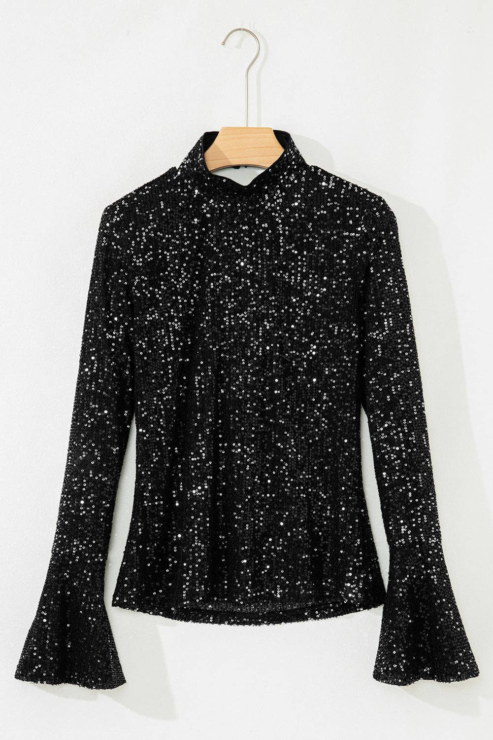 Lovesoft - Wholesale Knit Top - Women's - Black Sequin Mock Neck Drape Open Back Bell Sleeve Top3