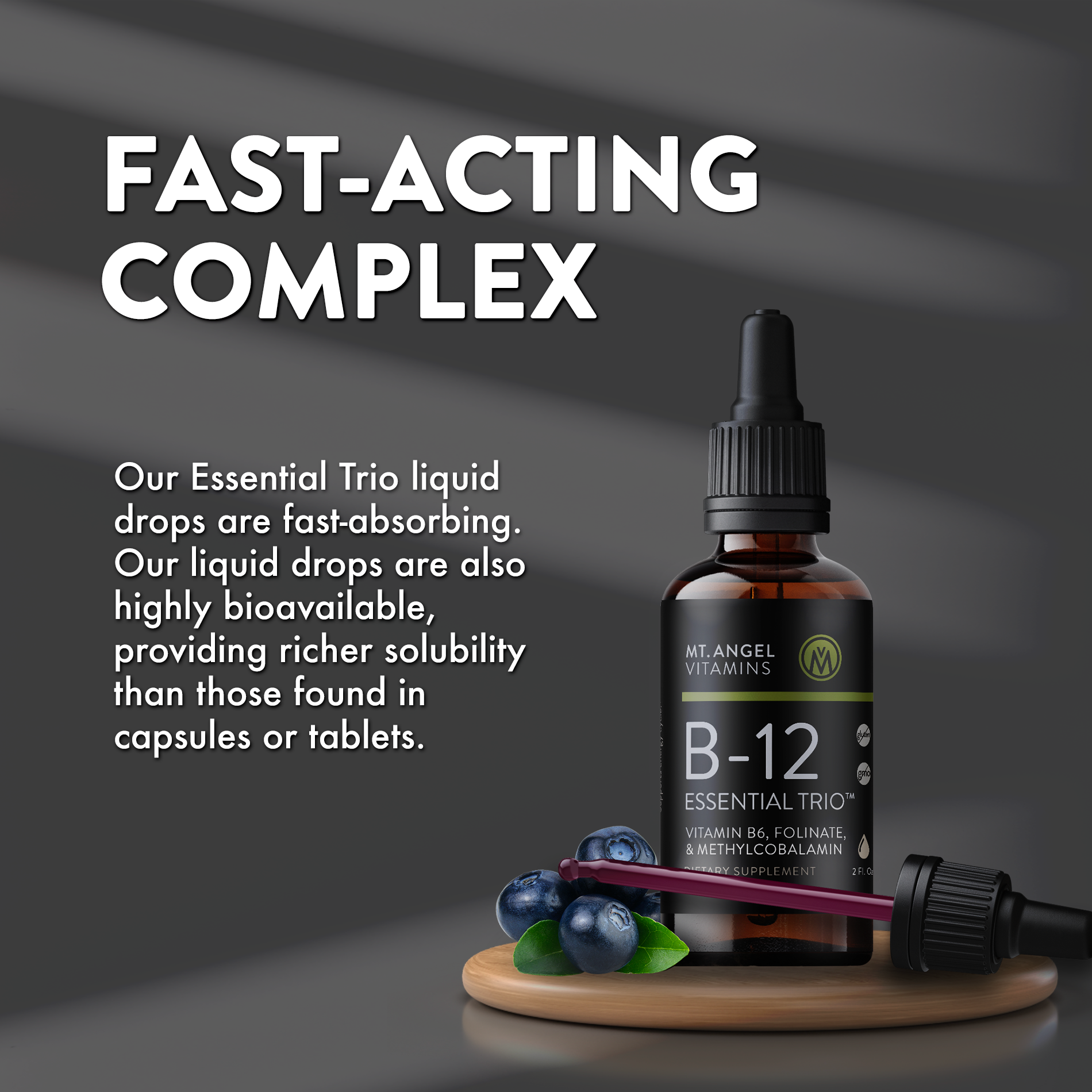 Mt. Angel Vitamins - Wholesale Oral Supplement/Vitamin - Mt. Angel Vitamins' B-12 Essential Trio Liquid - 2 Fluid Oz3