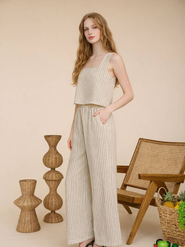 Conjunto de camiseta sin mangas de rayas y pantalón de pierna ancha para venta al por mayor de The Workshop Studio