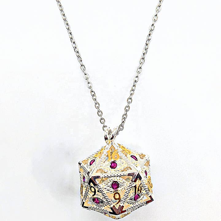 Arcadrel | Regal Silver w/Purple Eye | D20 Pendant with Mini Dice for wholesale by Tabletop Dominion Limited