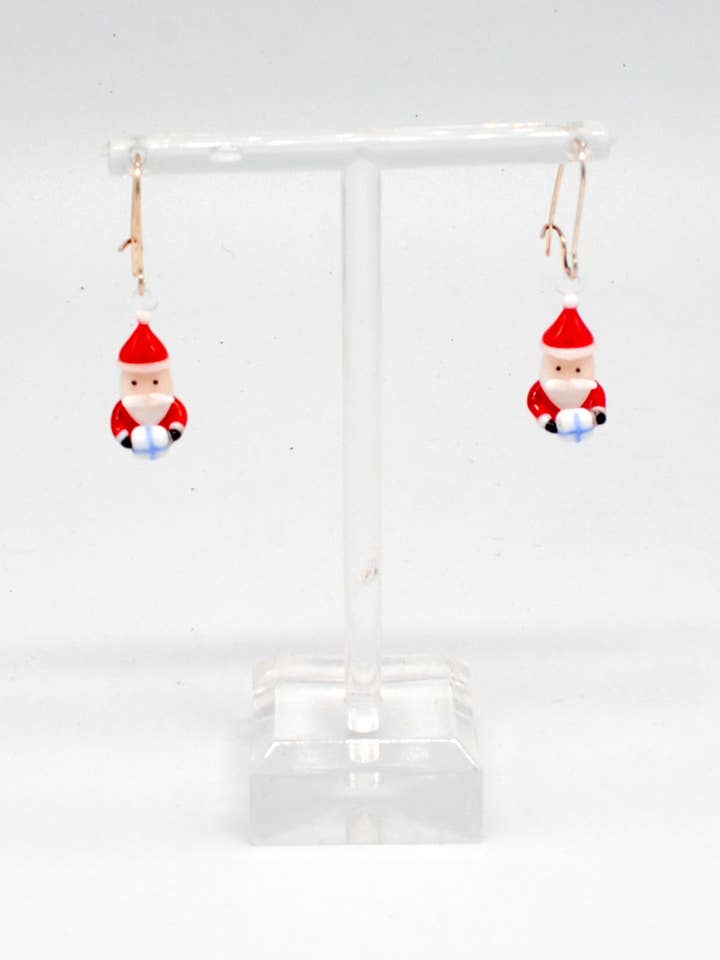 Santa with Gift Earrings for wholesale by WGK Glass Art Inc