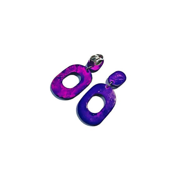 Big Purple Clip On Earrings, Handmade Clay Earrings Painted with Alcohol Ink- "Pam" for wholesale by Sassy Sacha Jewelry