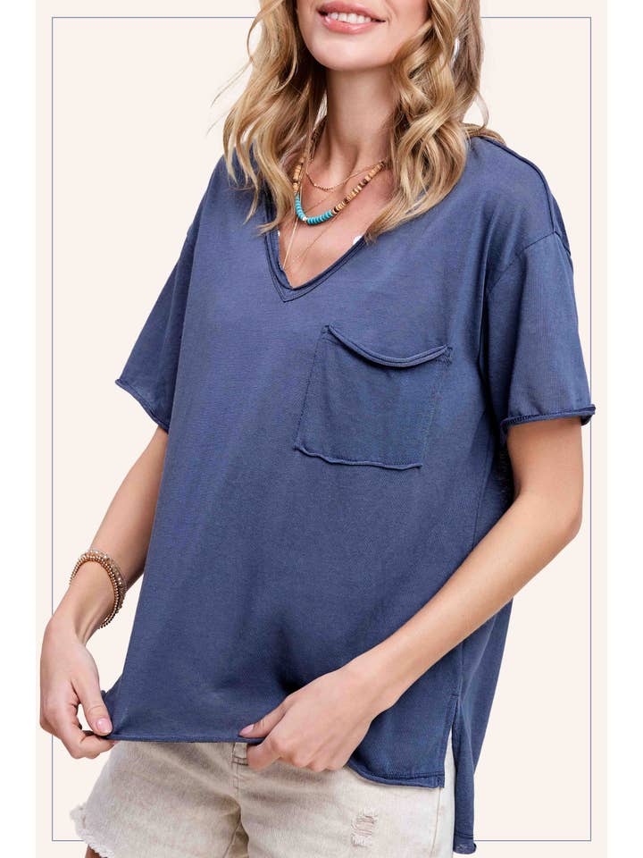 La Miel - Wholesale T-shirt – women's - JAT7459-V-neck Front Pocket Breathable Short Sleeve Top4