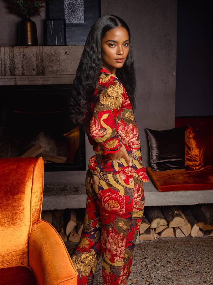 Lotus Snake Print on Red Meili Two-Piece Set for wholesale on Faire0