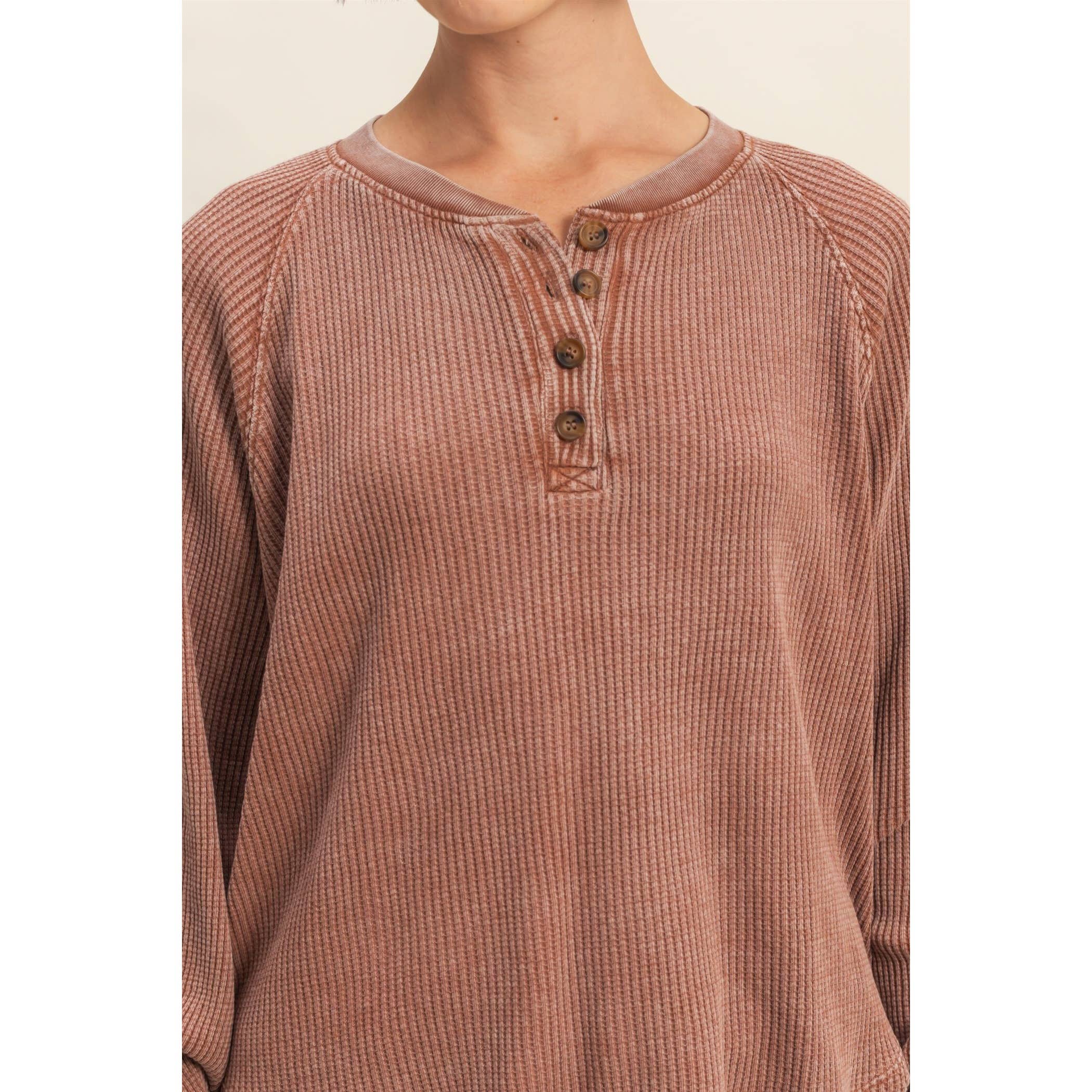 Double Zero - Wholesale Sweatshirt - Women's - Mineral Washed Henley Waffle Raglan Sleeve Top20