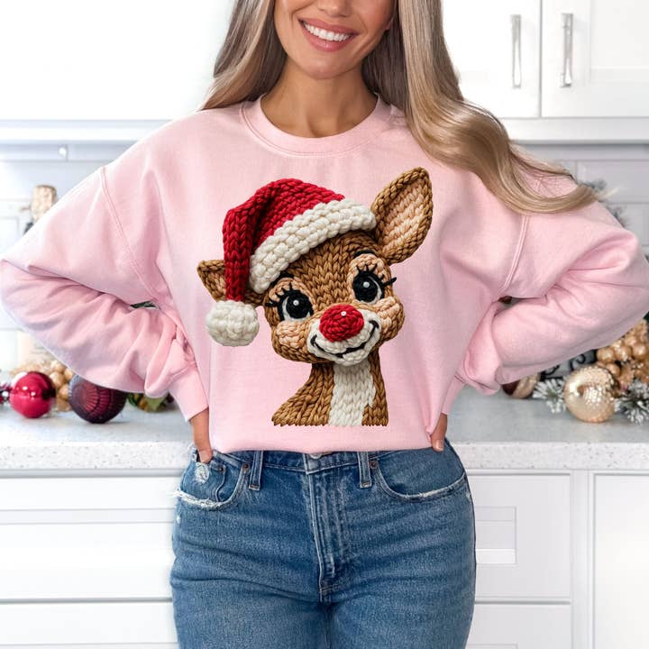 YARN RUDOLPH GLITTER CHRISTMAS CREWNECK SWEATSHIRT for wholesale by Nu Kustomz LLC -