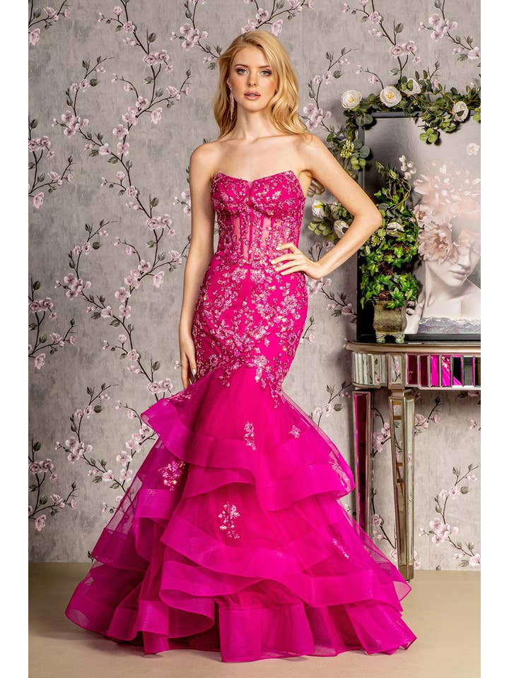 Magenta Sequin Sheer Bodice Ruffled Skirt Mesh Trumpet Long Dress for wholesale on Faire
