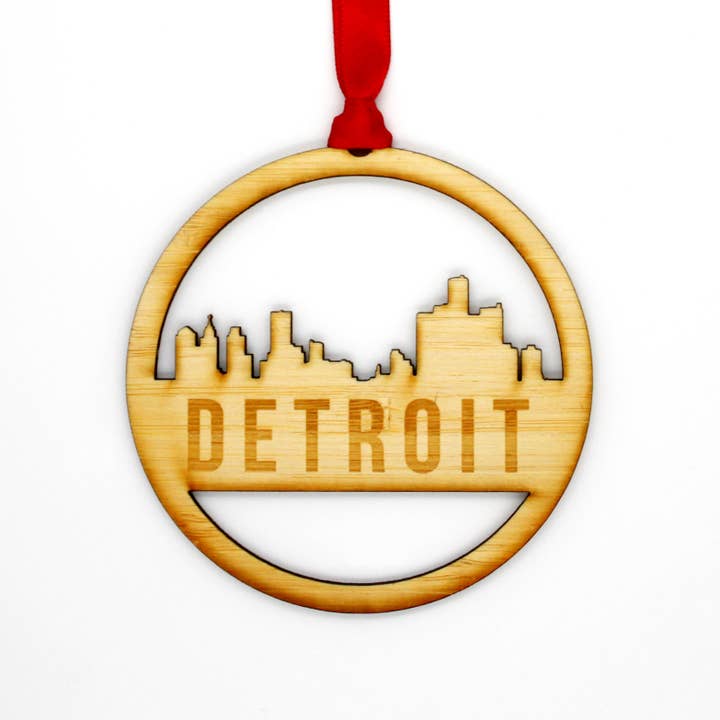 Detroit Skyline Wooden Ornament for wholesale by City Bird