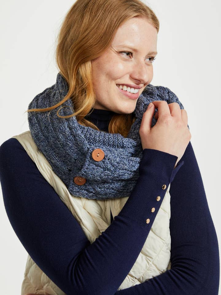 Kilmaine Aran Snood Scarf with Buttons - Denim Blue for wholesale by Aran Woollen Mills