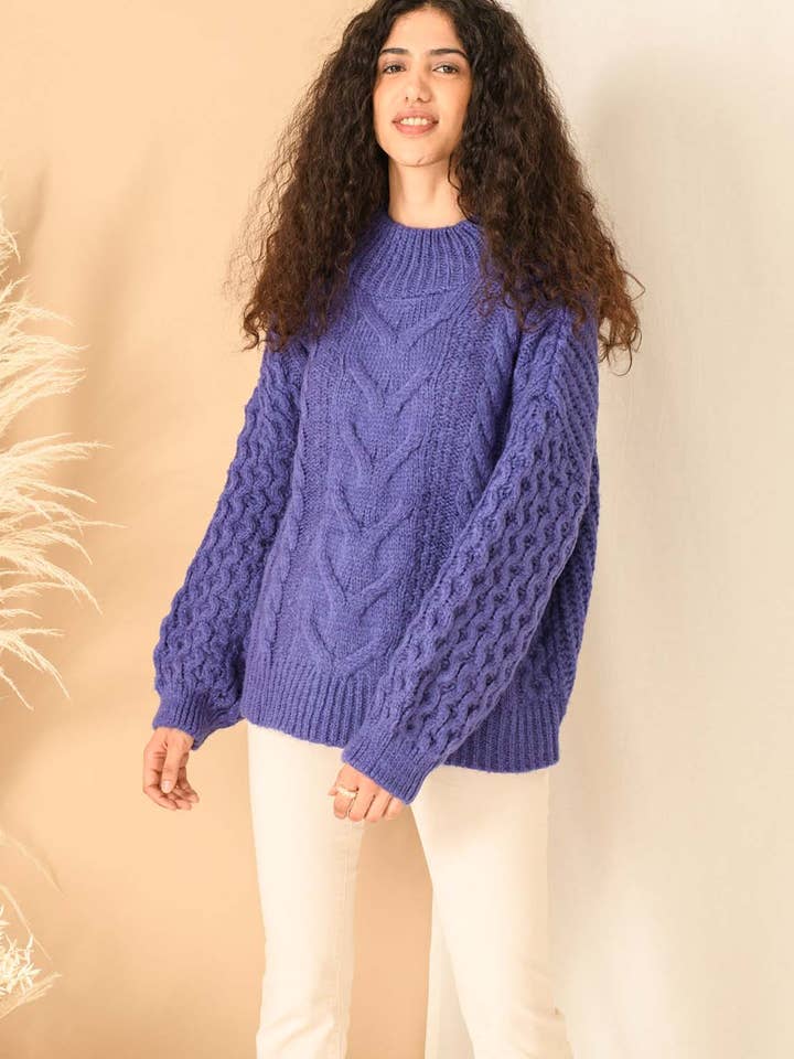 Bella Cable High Neck Jumper - Violet for wholesale by Cara & The Sky