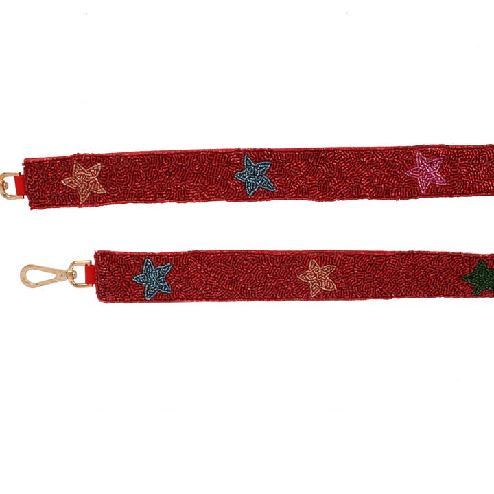 Ladies Red Fully Beaded MULTI COLOR STAR Theme Handbag Strap for wholesale by Nima Accessories Inc