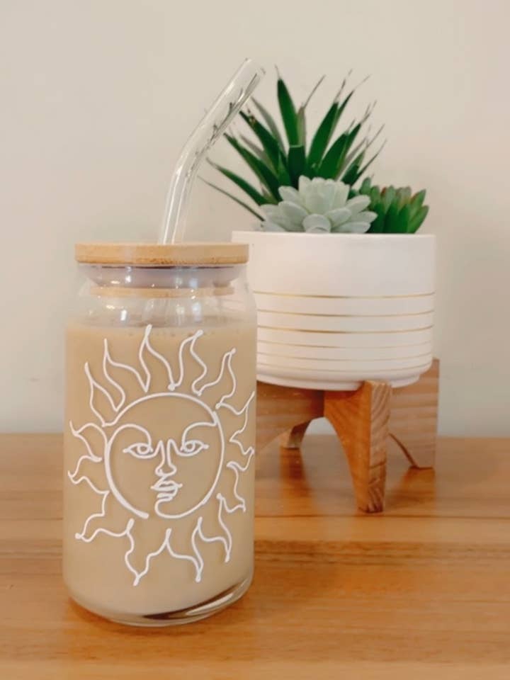 Celestial Sun Cup, Iced Coffee Glass Can, Celestial for wholesale by Pink pretty designs
