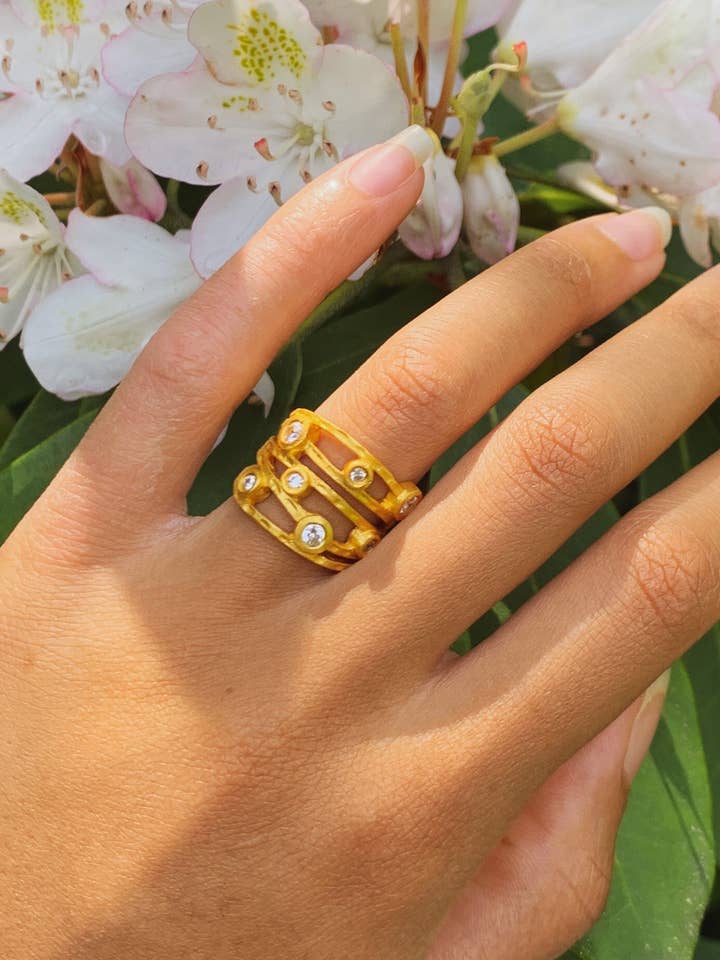 Dew Drops Gold Vermeil Branch Anel de declaração inspirada por atacado de Ash & Rose