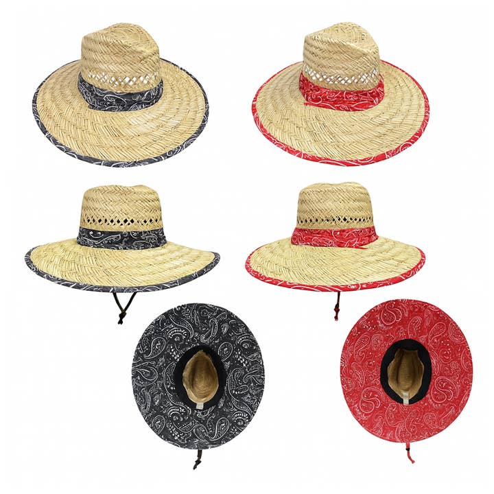 Deluxe Import Trading - Wholesale Straw Hat - Unisex - Straw Hat w/Black & Red Bandana Trim