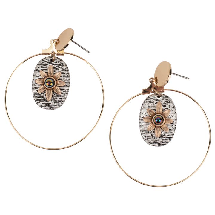 Gold Hoop + Bronze Flower Center Earring for wholesale by BOPS WHOLESALE