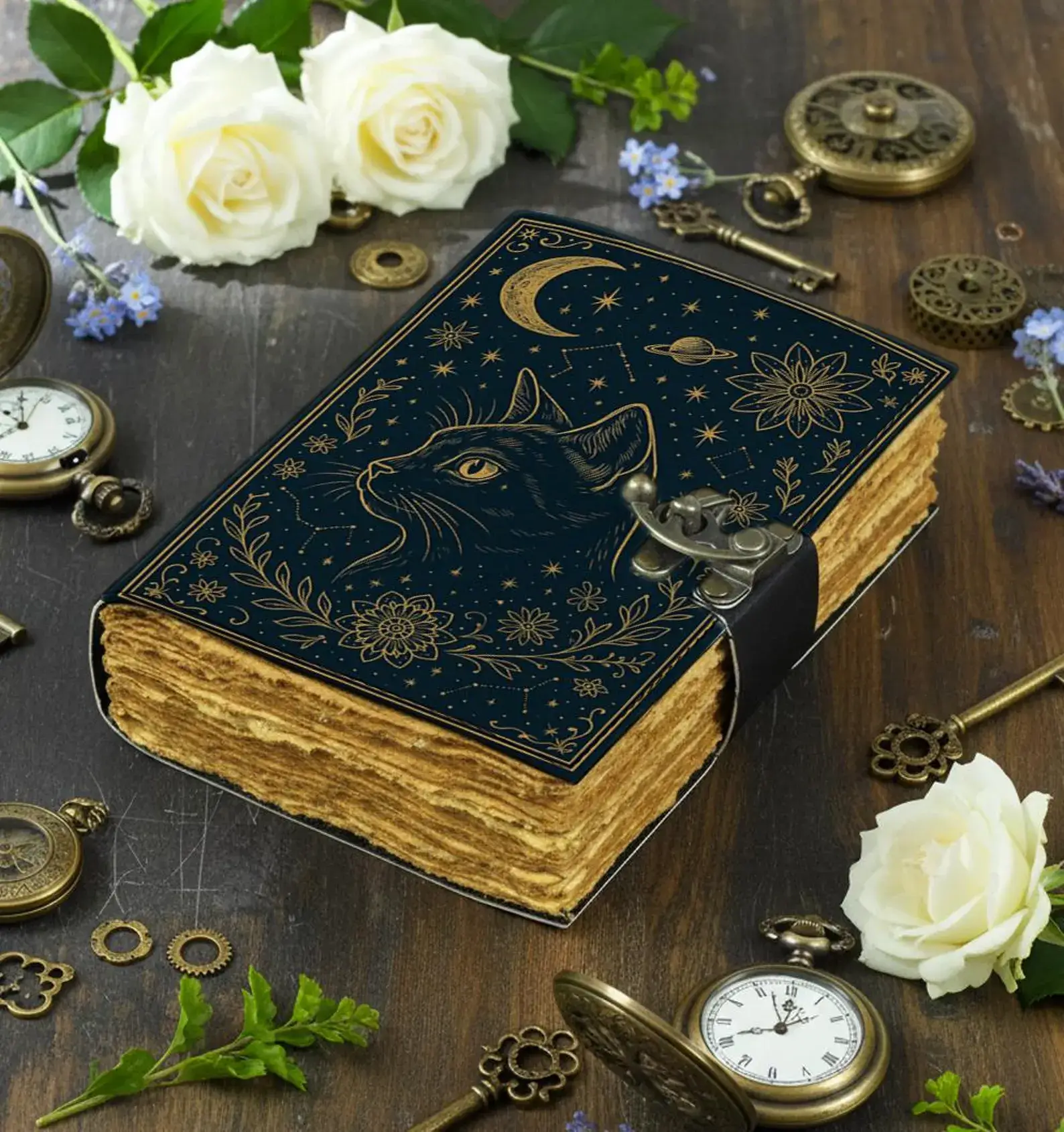 MNM HANDICRAFTS - Wholesale Journal/Diary - Celestial Cat Leather Journal  Handmade Witchy Grimoire Book2