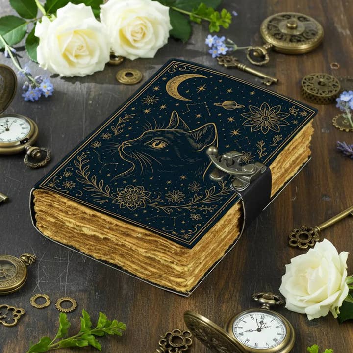 MNM HANDICRAFTS - Wholesale Journal/Diary - Celestial Cat Leather Journal Handmade Witchy Grimoire Book2