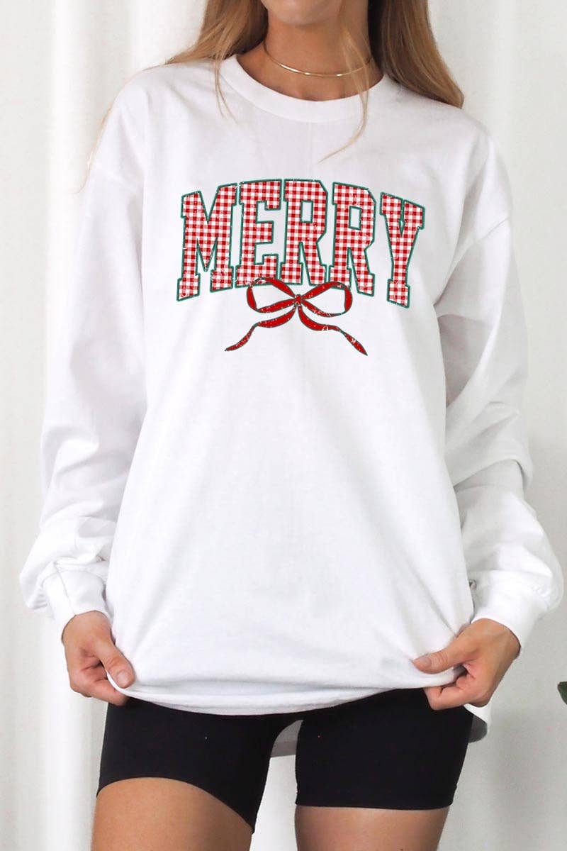 COLORBEAR - Wholesale T-Shirt (Graphic) - Women's - Plaid Merry Christmas Bow Plus Long Sleeve Tee0