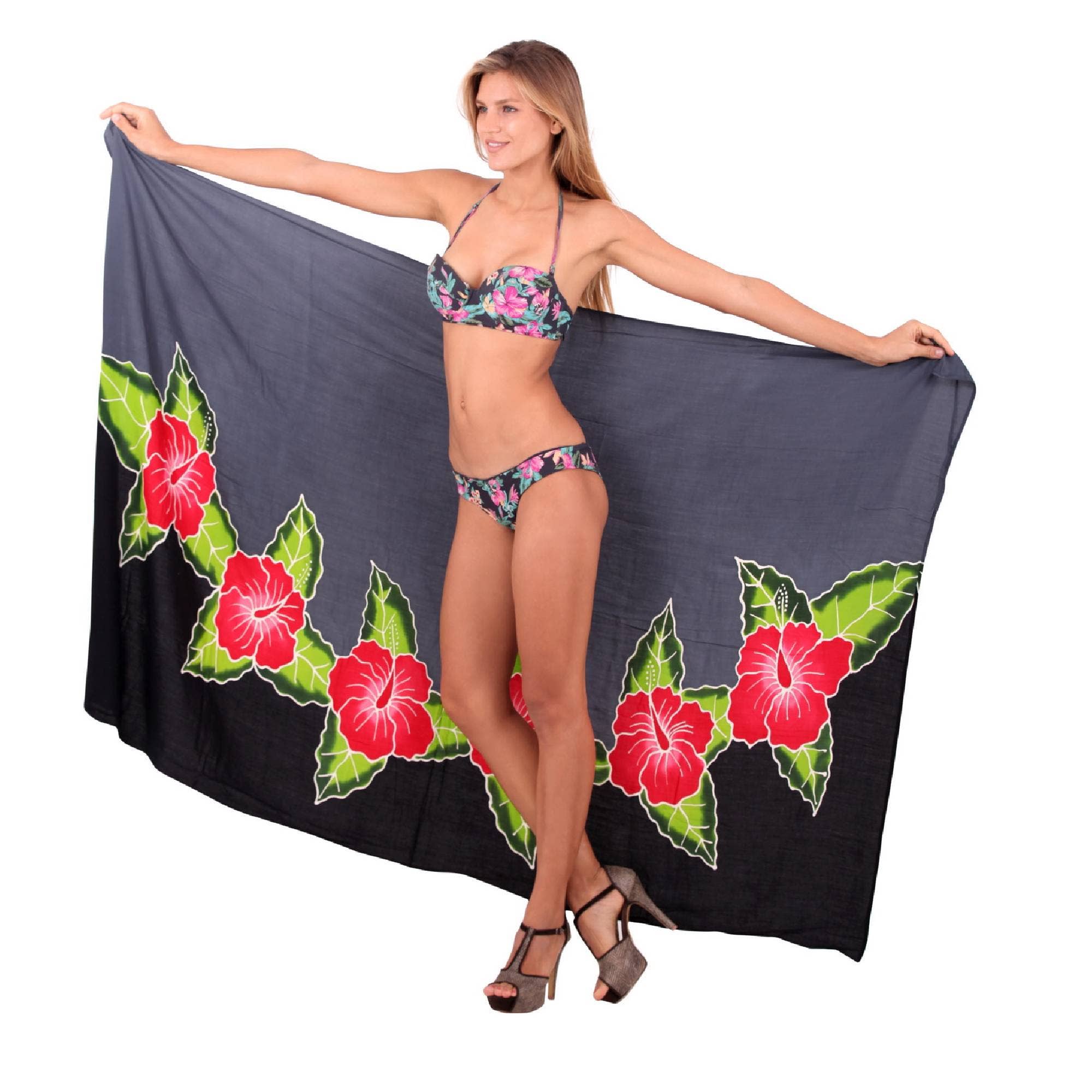 Noir, Hibiscus La Leela Écharpe de plage peinte à la main pour femme, motif floral gris en vente sur Faire4