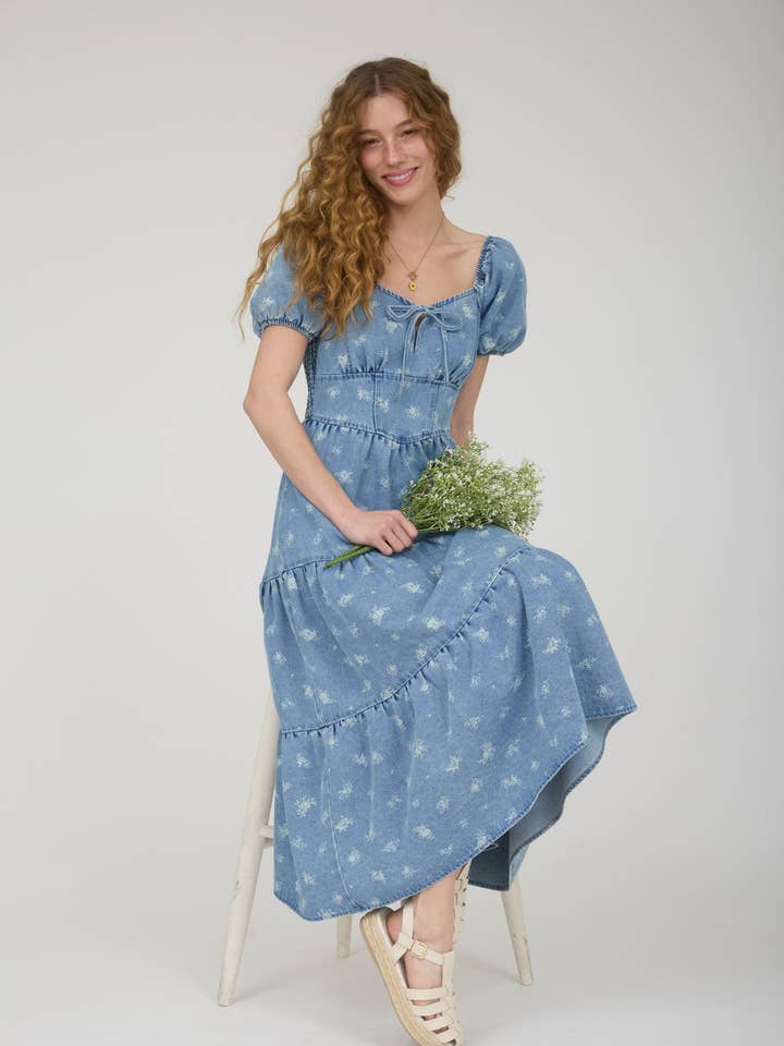 FLORAL WASHED DENIM CORSET TIERED MIDI DRESS for wholesale by MINE
