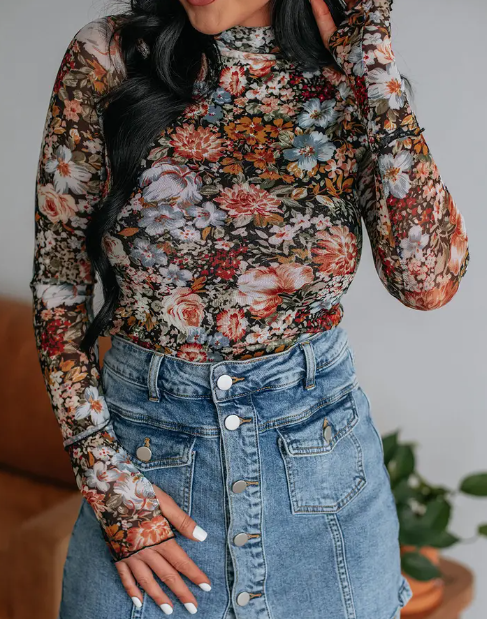 Lovesoft - Vendita all'ingrosso Top in maglia - Donna - Camicetta in rete tubino a maniche lunghe a collo alto con motivo floreale rosa7