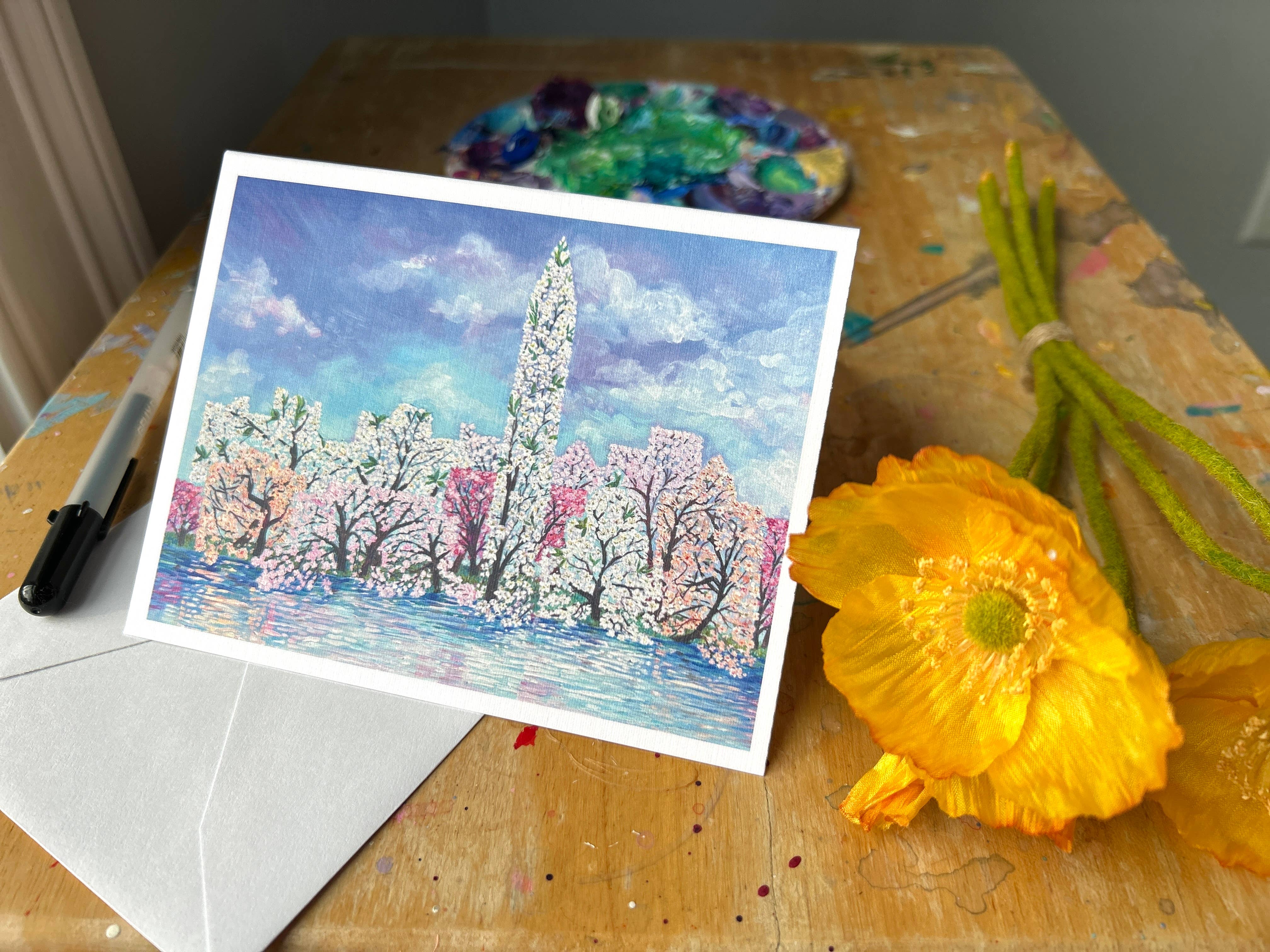 Ally Bartoszewicz Art - Wholesale Everyday Greeting Card - "DC in Blossom" folded greeting card , feat. cherry blossoms1