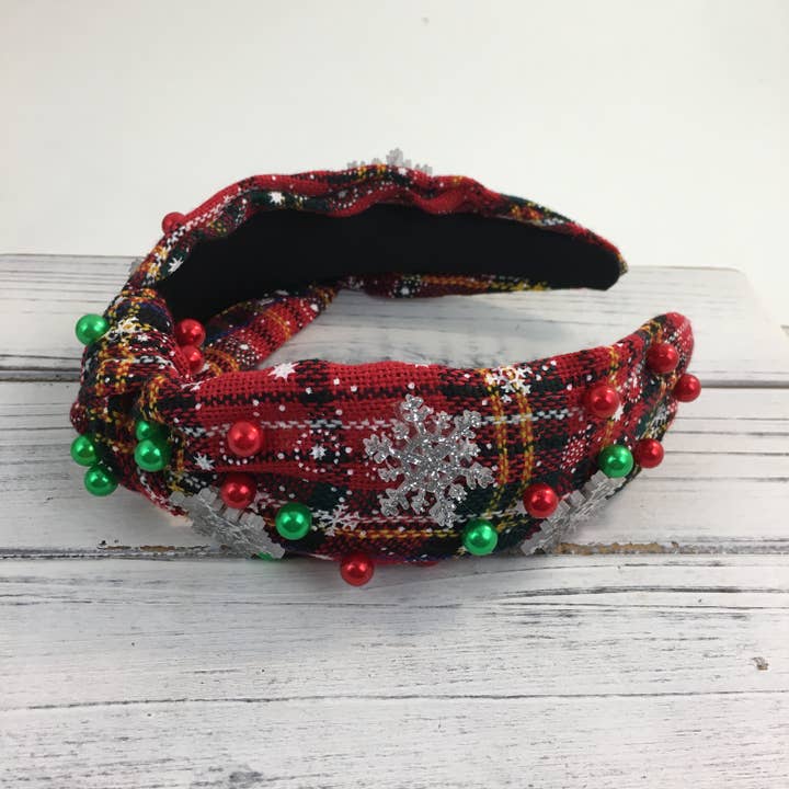 Plaid XMAS Pearl & snowflake knot headband for wholesale by SongLily