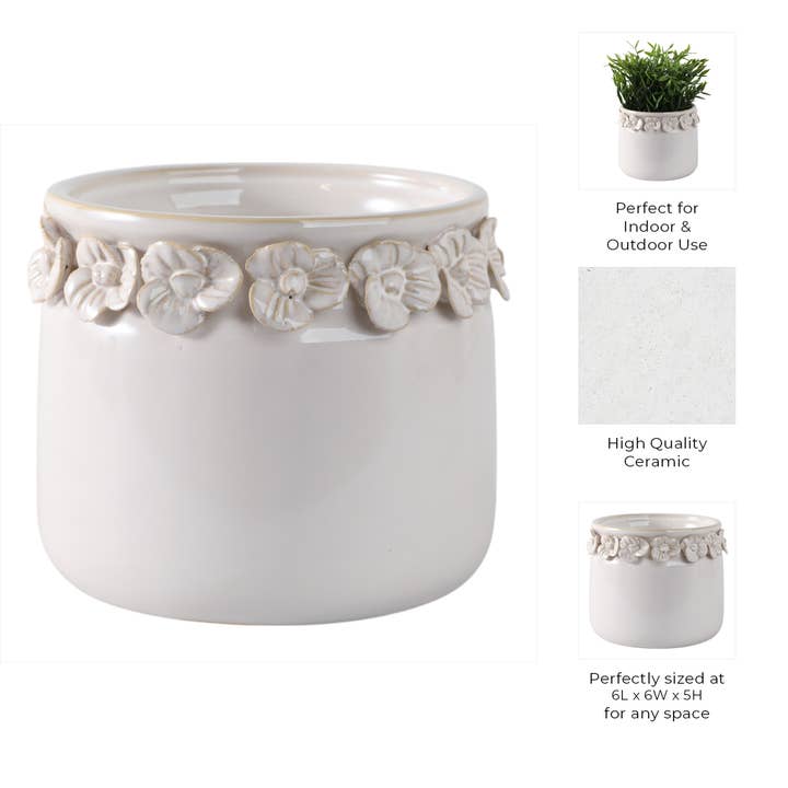 Sagebrook Home - Wholesale Plant Pot - Ivory 6 in. Ceramic Floral Applique Garden Planter