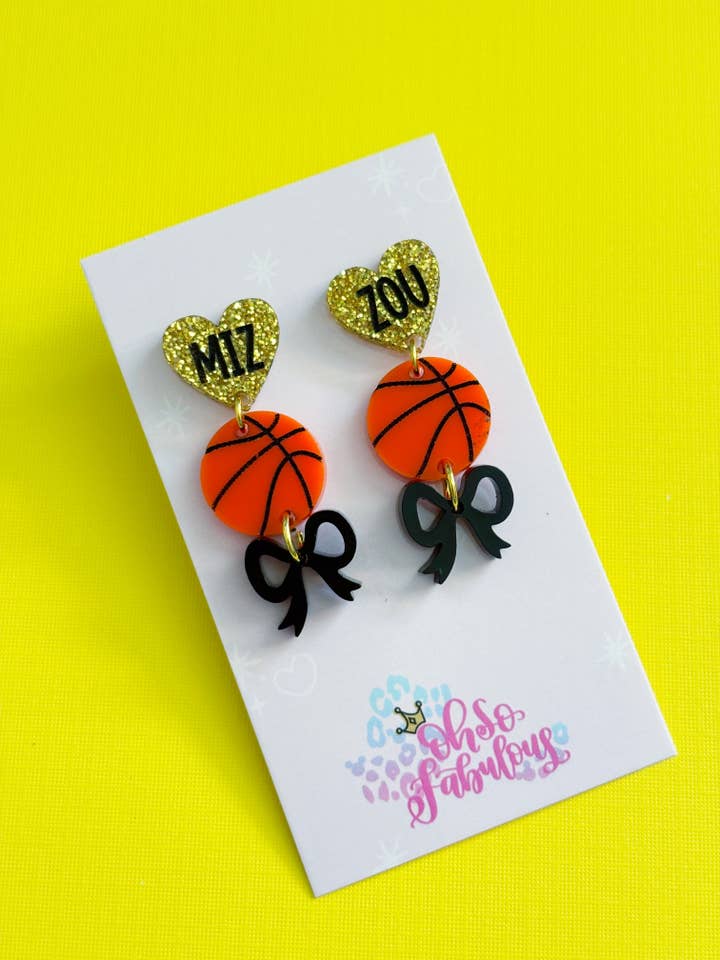 MIZ-ZOU Basketball Stacker Bow Dangle Game Day Earrings for wholesale by Oh So Fabulous