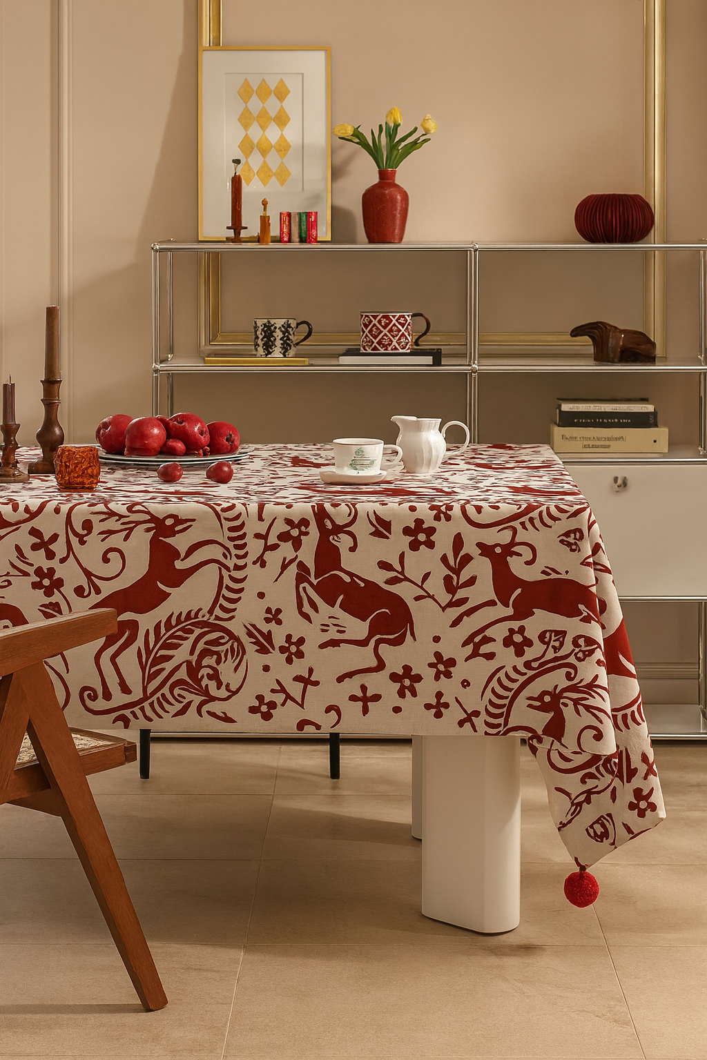 Fennco Styles – wholesale Duk – Röd-White Deer Holiday Bordsduk med Pom-Poms1