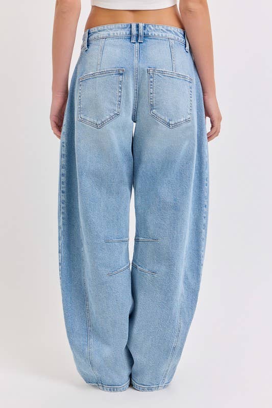 Light Denim 19641BR-LT-Mid Waisted Five Pocket Barrel Jeans for wholesale on Faire2