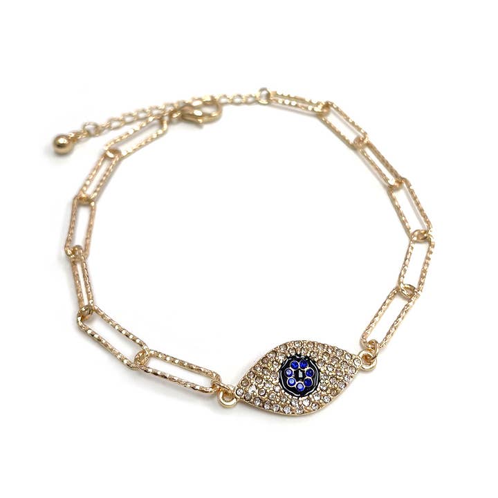 Gold Blue Evil Eye Stone Pendant with Diacut Paper Clip Chain Bracelet for wholesale on Faire