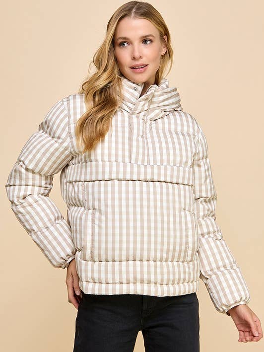 Beige CJ6604-Gingham Pull Over Puffer Jacket for wholesale on Faire