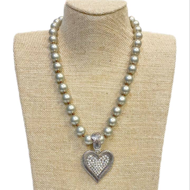 Rhinestone Heart Pendant on Faux Navajo Pearl Necklace for wholesale by Accessories To Go