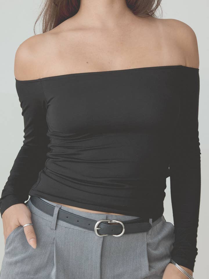Solid Off The Shoulder Braless Long Sleeve With PK for wholesale by Klassy