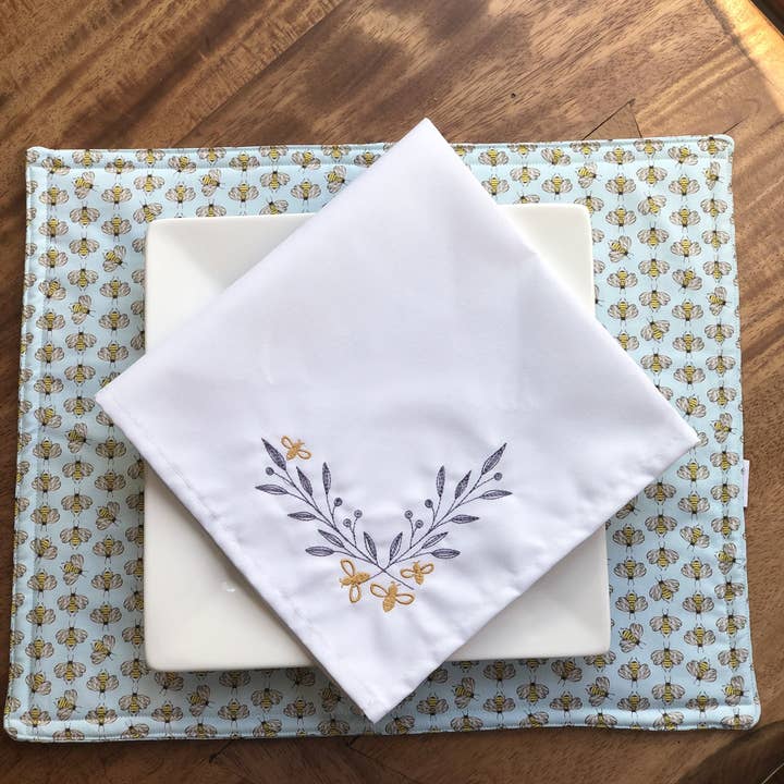 Napkins - Embroidered Bumblebee Gold with Leaves - Set of Two for wholesale by Vibrantly Blue