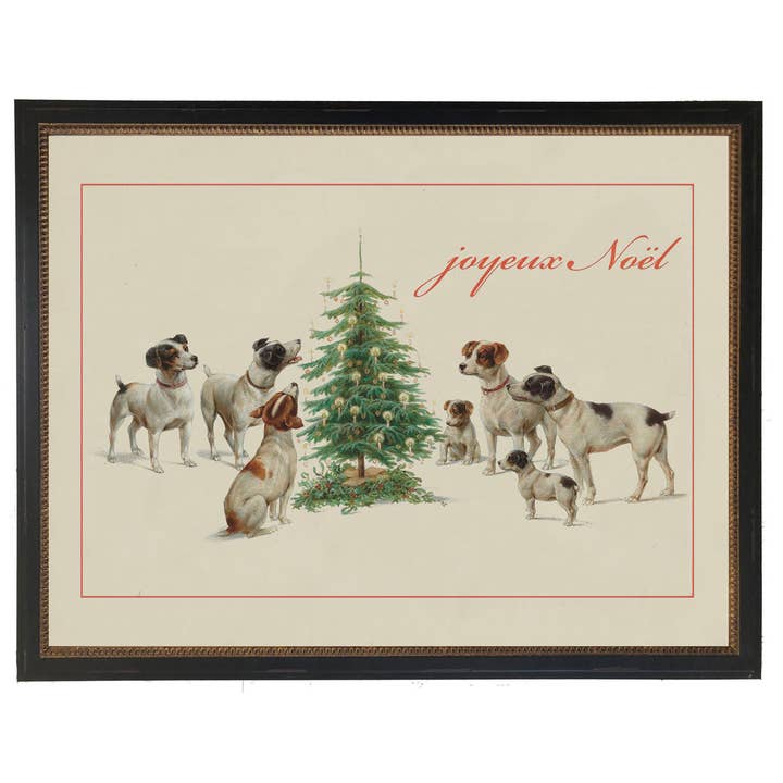 Framed vintage Christmas dog scene for wholesale by Antique Curiosities Inc