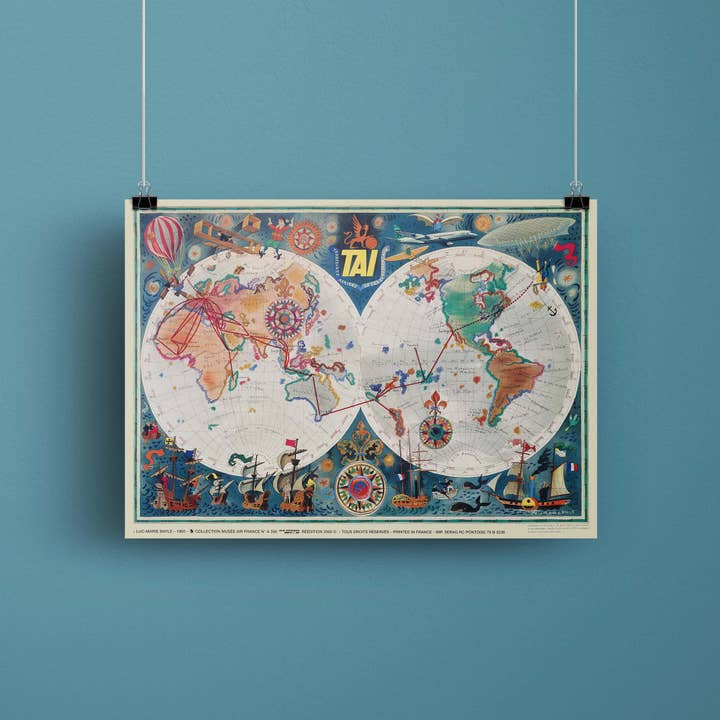 Cartaz de agência TAI - Planisfério multicolorido - 61x85 cm por atacado de Oneart