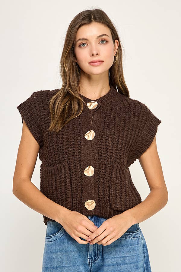 Miss Love - Wholesale Sweater Vest - Women's - CHUNKY KNIT BUTTON-FRONT VEST TOP0
