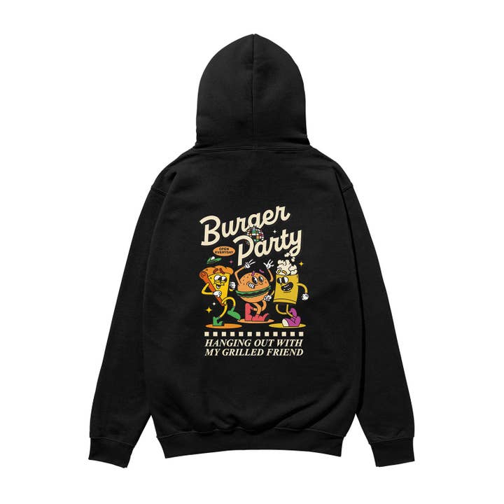 Camisola com Capuz Orgânica Burger Party Heavyweight Preta por atacado de Weekend Concept