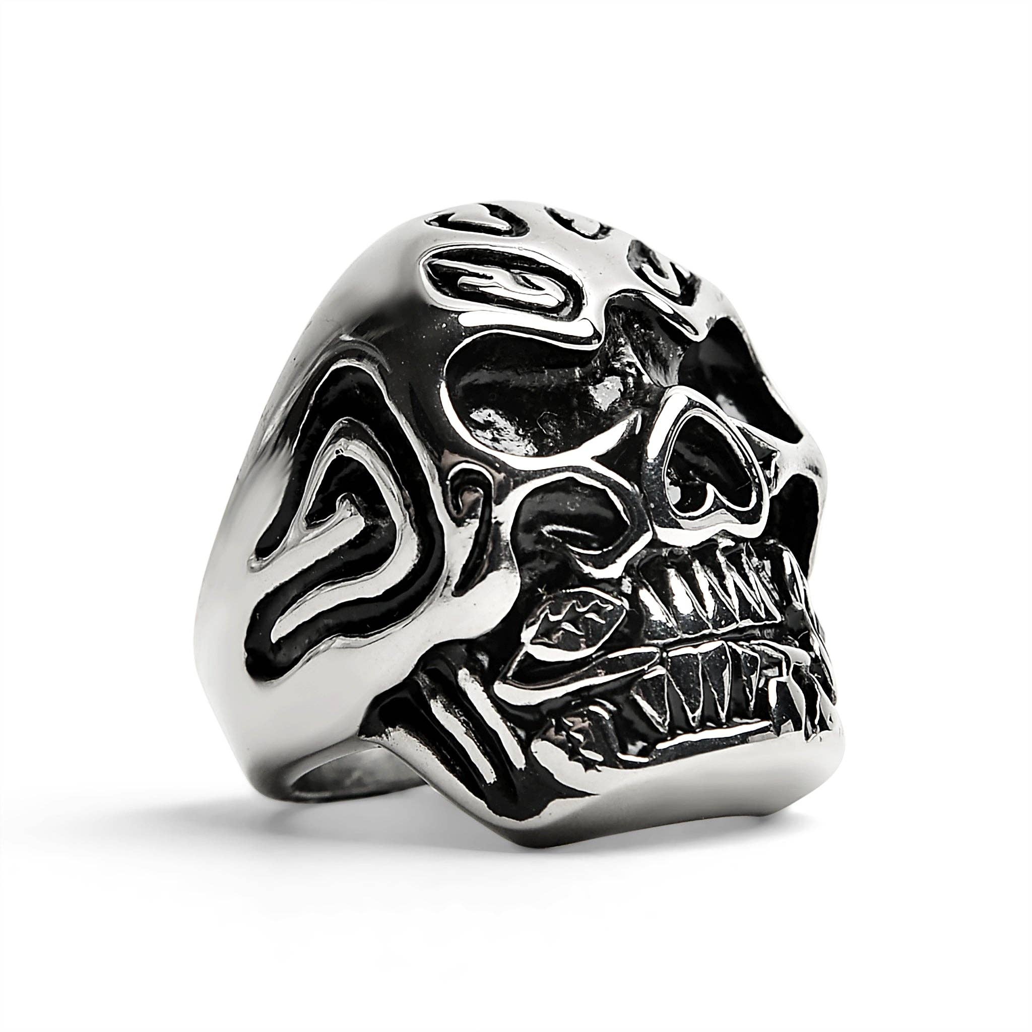 WJW – wholesale Cocktail/statement ring – Stainless Steel Skull Biting a Red CZ Accented Rose Ring6
