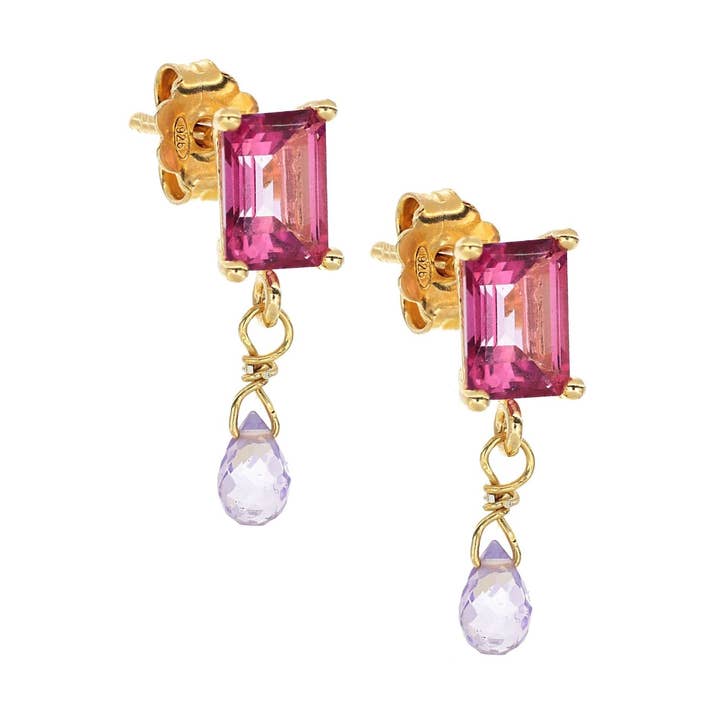 Emerald Cut Pink Topaz Drop Earrings 2ct | Rhythm for wholesale by ISHWARA JEWELS