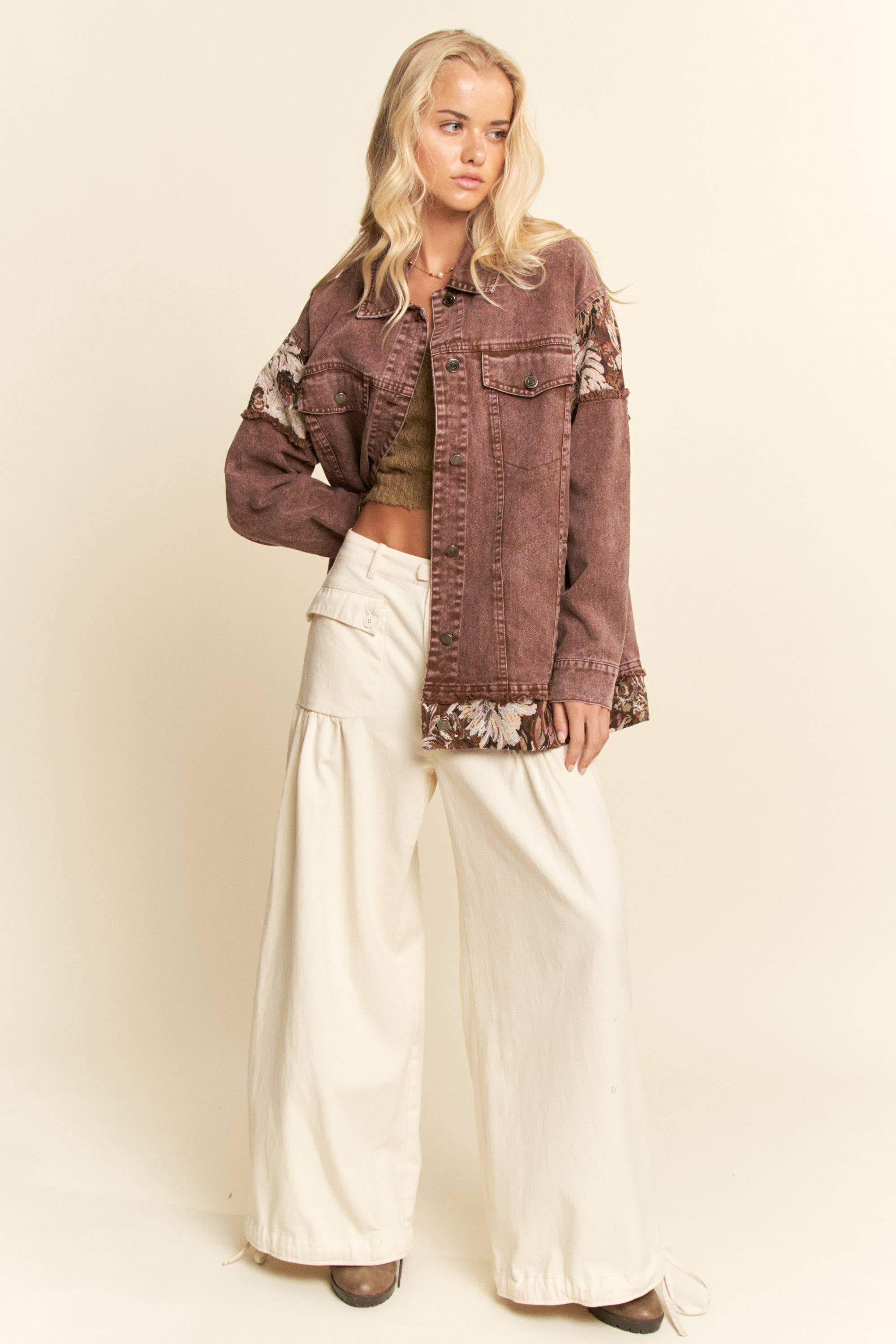 Davi & Dani - Wholesale Jacket - Women's - STONE WASHED DENIM JACQUARD PANEL MIDI JACKET17