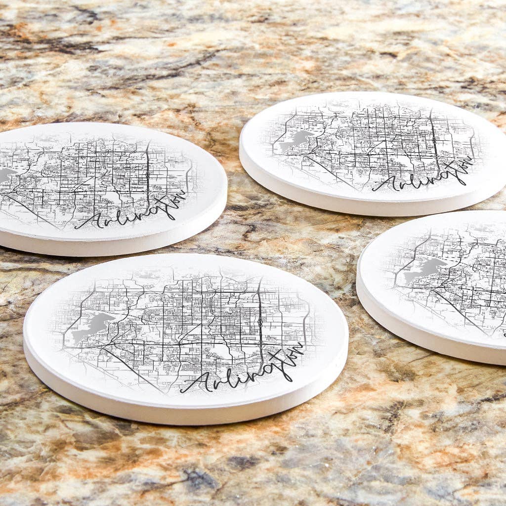 Love Local - Wholesale Coasters - Minimalistic B&W Texas Arlington Circle Map | Absorbent Coasters | Set of 4 | Min 26