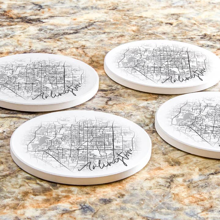 Love Local - Wholesale Coasters - Minimalistic B&W Texas Arlington Circle Map | Absorbent Coasters | Set of 4 | Min 26
