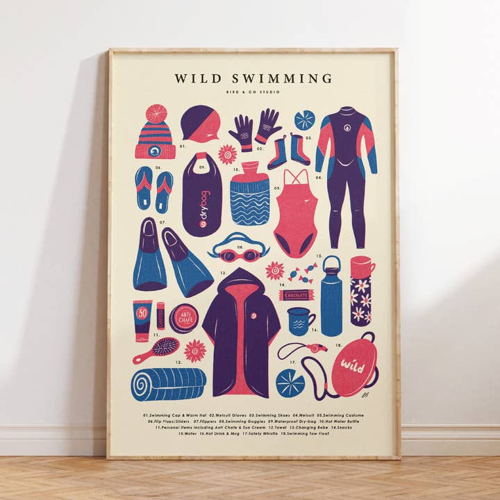 Wild Swimming Kit Essentials | Retro Adventure Art Print for wholesale by Bird & Co Studio